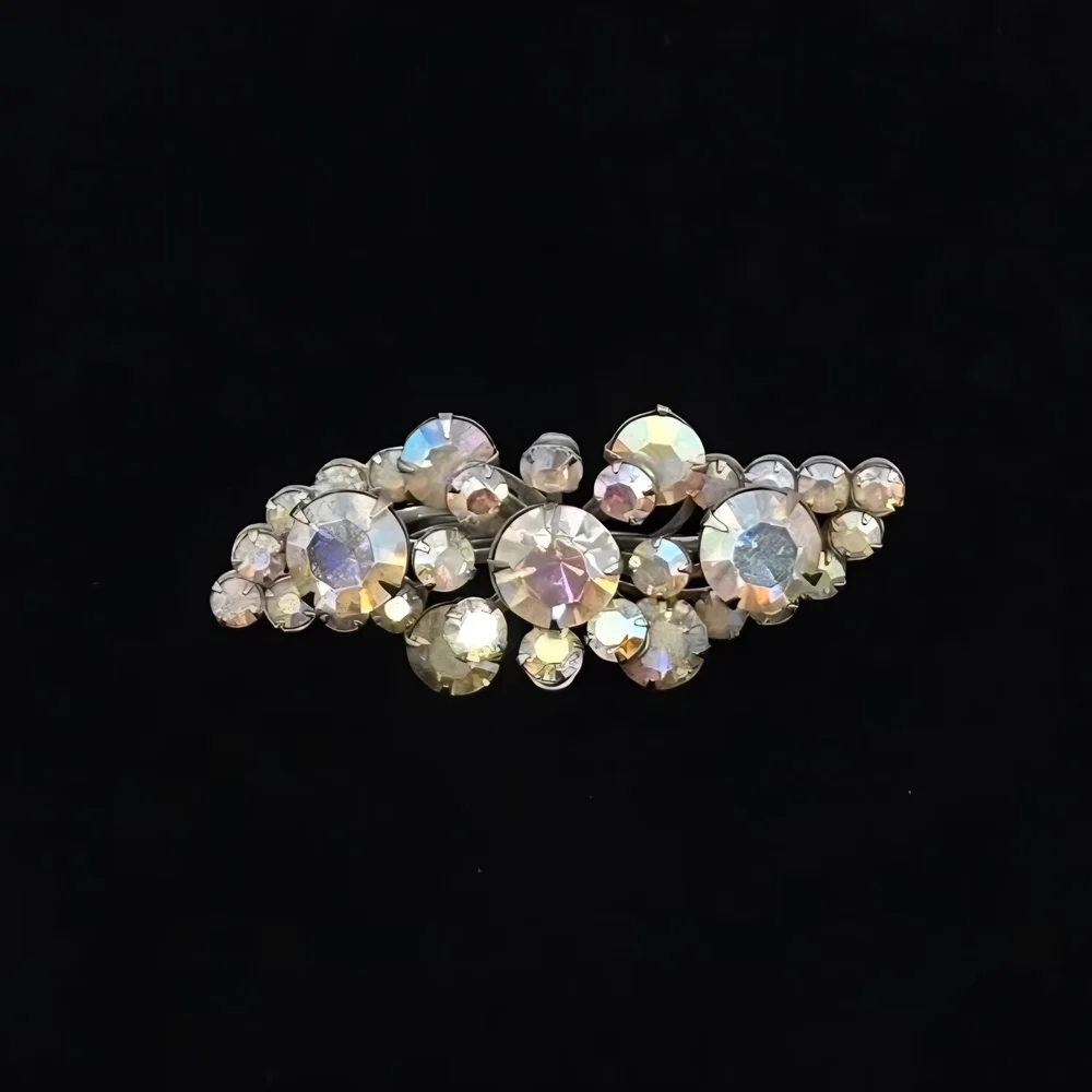 Elegant Vintage Silver and Iridescent Crystal Brooch